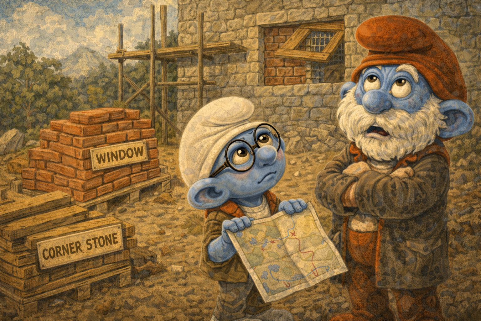 Brainy Smurf presents the plan — Papa Smurf is not convinced