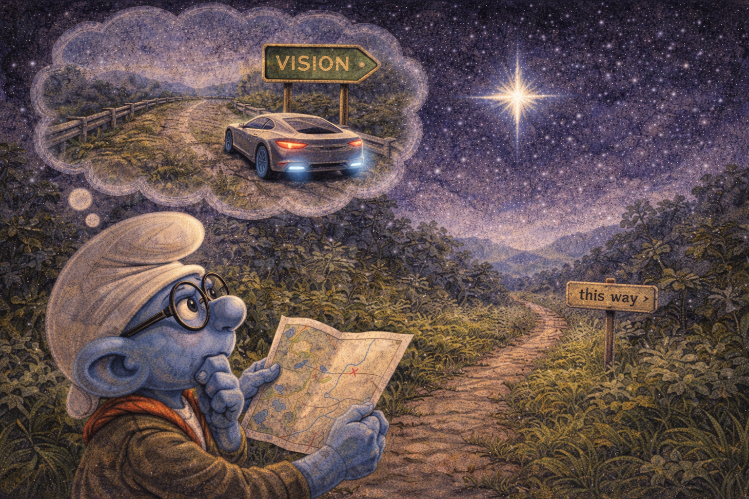 Brainy Smurf consults the map — the vision is clear, the path is obvious