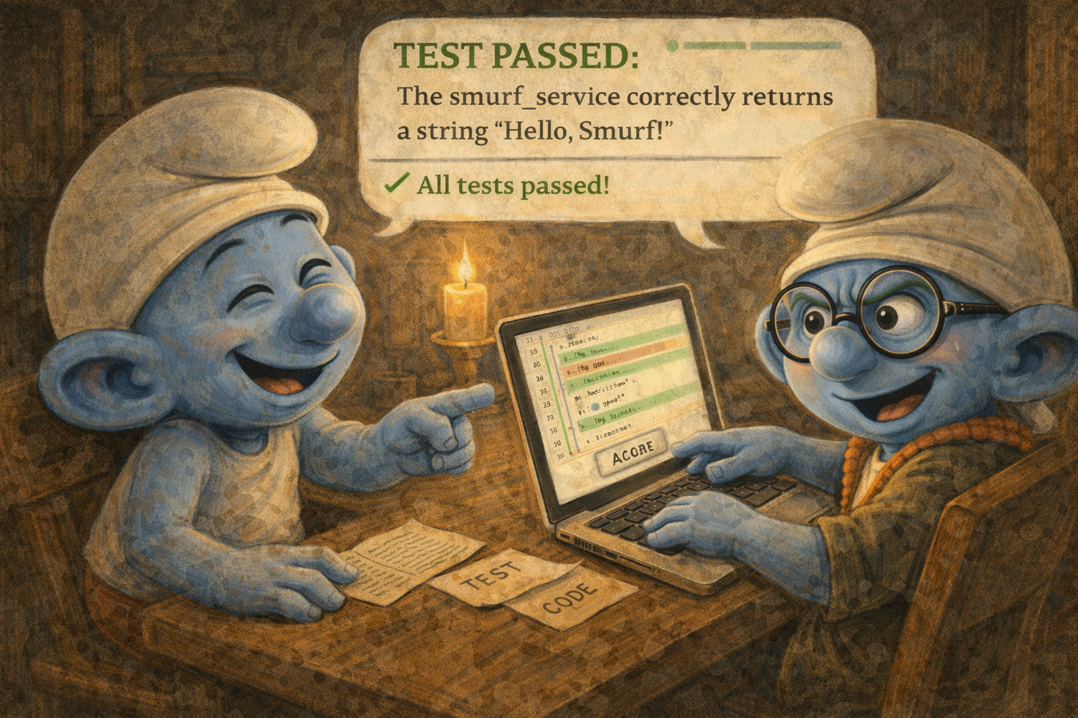 Smurfs working together — test first, implement second
