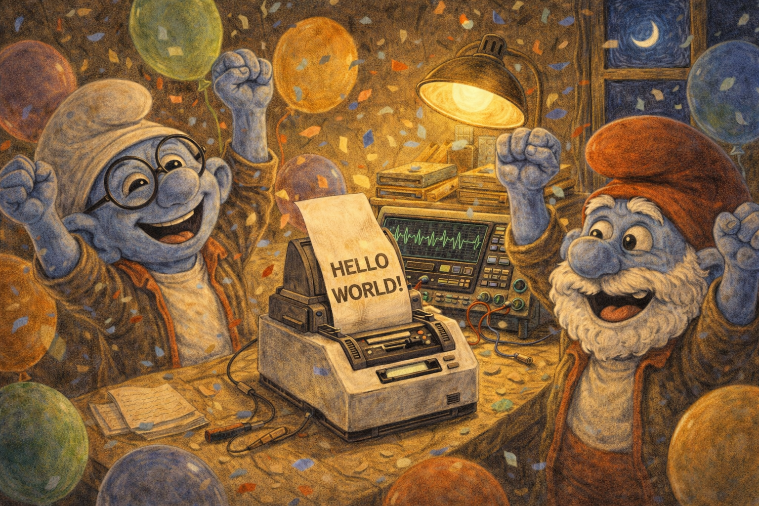 The first black label prints — Brainy and Papa Smurf celebrate their Hello, World moment