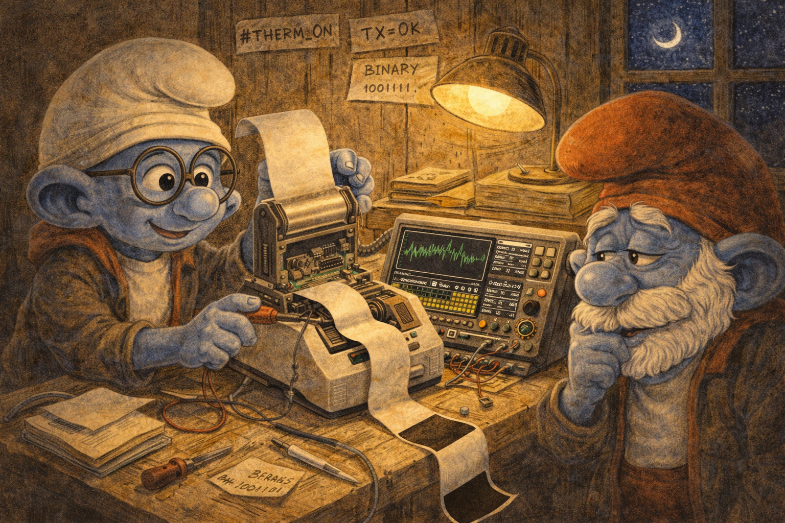 Brainy Smurf probes the printer while Papa Smurf studies the captured Bluetooth trace