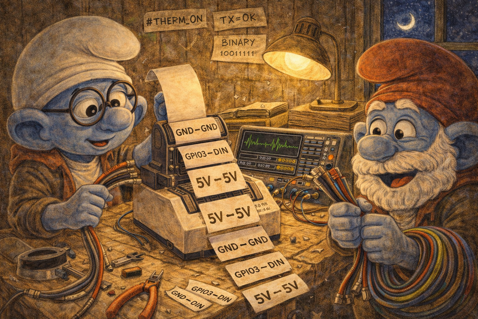 Brainy and Papa Smurf decode the protocol byte by byte, clean labels coming off the printer