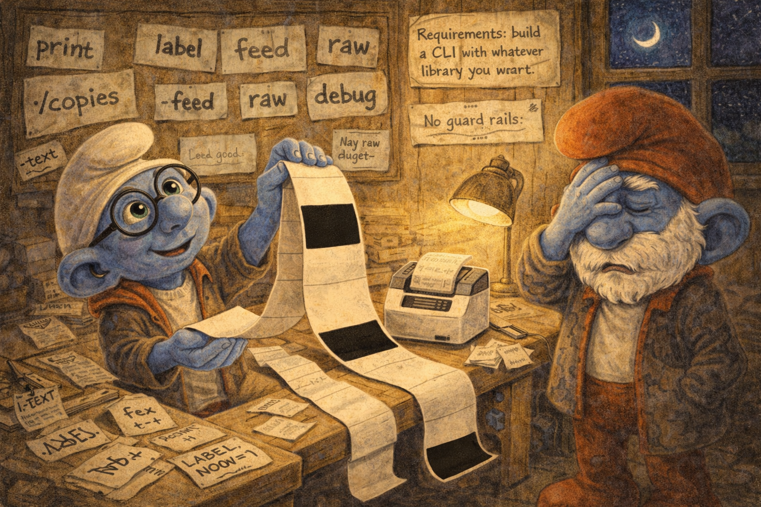 Brainy Smurf holds up a tape of failed blank labels while Papa Smurf despairs